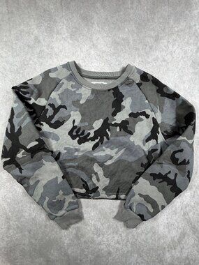 Zero Foxtrot Womens Medium Sweatshirt Gray Camo Cropped Fleece Crewneck